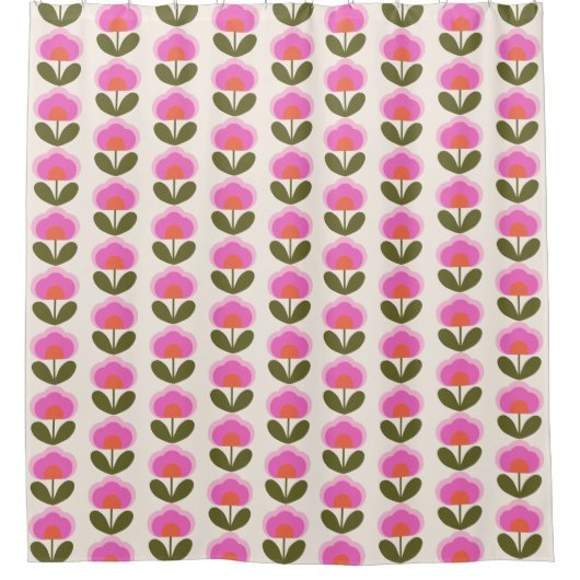Cute Retro Pink Scandinavian Flower Art Patroon Douchegordijn (Voorkant)