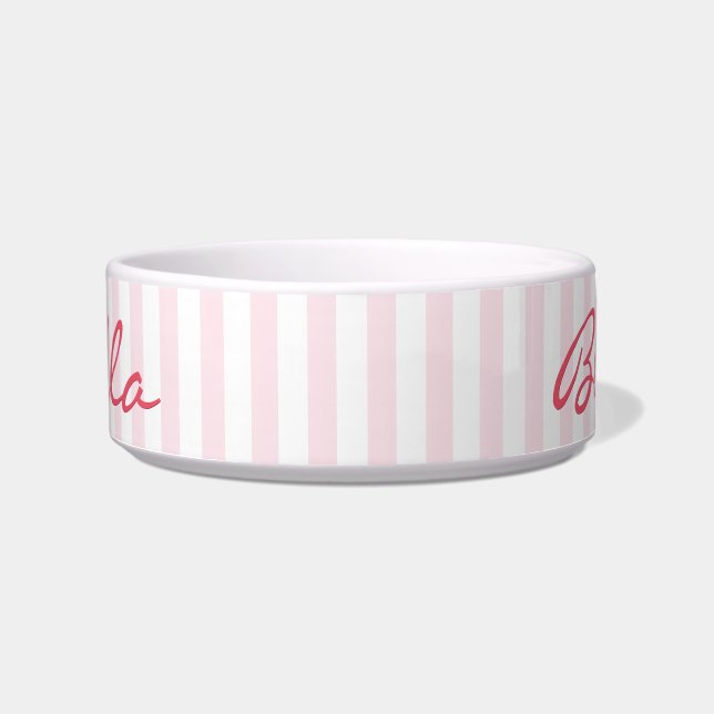 Cute Retro Pink Stripes Cat Kat Pet Name Food Voerbakje (Voorkant)