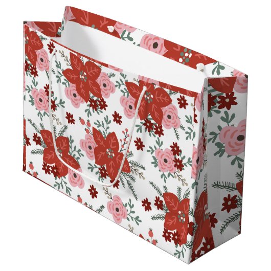 Cute Retro Poinsettia Flower Pattern Kerstmis Groot Cadeauzakje (Voorkant Gekanteld)