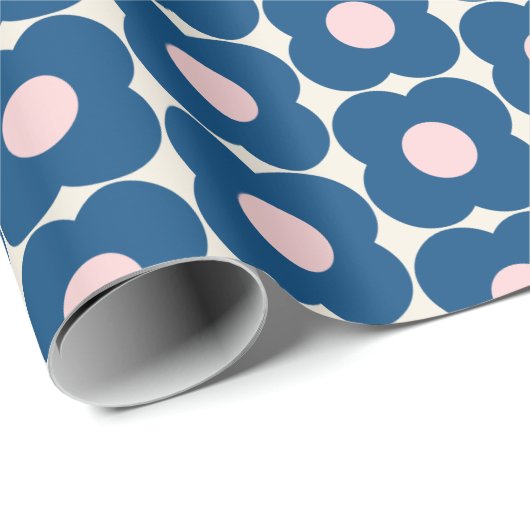 Cute Retro Pop Flower Pattern | Blauw en roze Cadeaupapier (Rol Hoek)