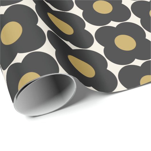 Cute Retro Pop Flower Pattern | Zwart en goud Cadeaupapier (Rol Hoek)