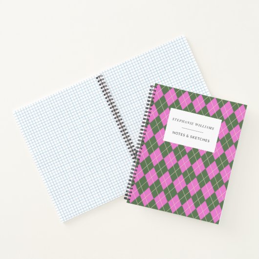 Cute Retro Preppy roze Green Argyle gepersonalisee Notitieboek (Binnen)