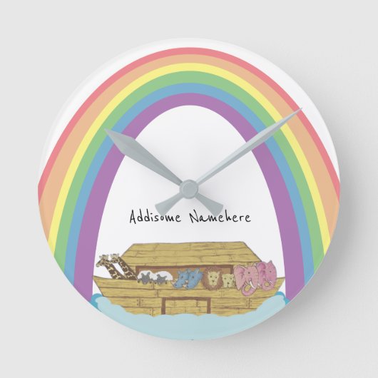 Cute retro Rainbow Noah's Ark op White Ronde Klok (Voorkant)
