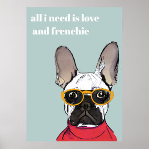 Cute Retro Red Franse bulledog met neonbril Poster