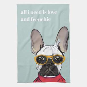 Cute Retro Red Franse bulledog met neonbril Theedoek