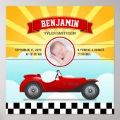 Cute Retro Red Race Car Baby Photo Birth Stats Poster (Voorkant)