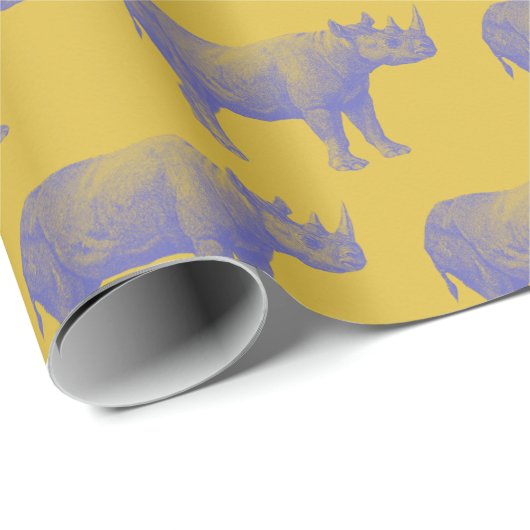 Cute Retro Rhino Rhinoceros Pattern Yellow Paars Cadeaupapier (Rol Hoek)