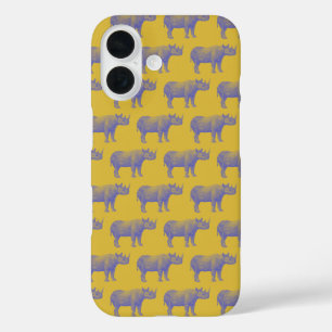 Cute Retro Rhino Rhinoceros Pattern Yellow Paars iPhone 16 Hoesje