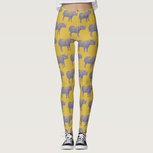 Cute Retro Rhino Rhinoceros Pattern Yellow Paars Leggings (Voorkant)