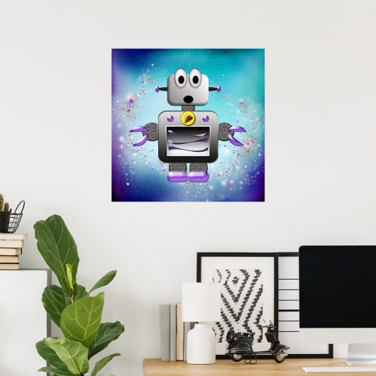 Cute Retro Robot Paars & Blue Poster (Thuiskantoor)