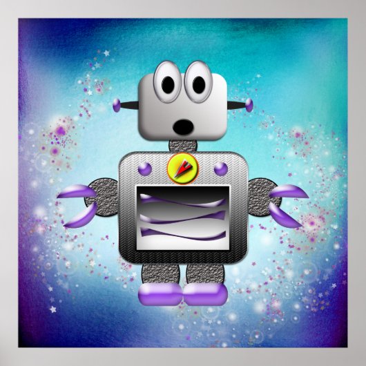 Cute Retro Robot Paars & Blue Poster (Voorkant)