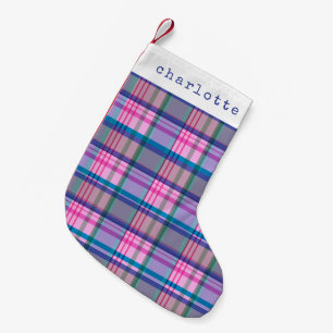 Cute Retro Roze Geruite Patroon Persoonlijke Naam  Kleine Kerstsok