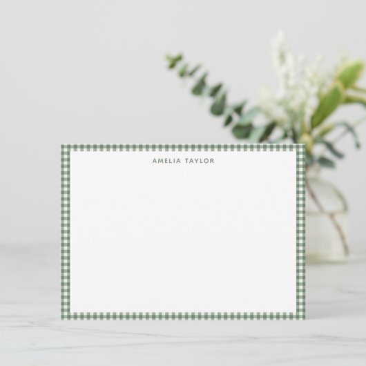 Cute Retro Sage Green Gingham Plaid Personalized Notitiekaartje (Staand voorkant)