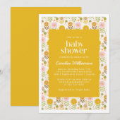 Cute Retro Scandinavian Yellow Flowers Baby shower Kaart (Voorkant / Achterkant)