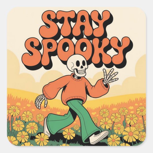 Cute Retro Skeleton Stay Spooky Halloween Vierkante Sticker (Voorkant)