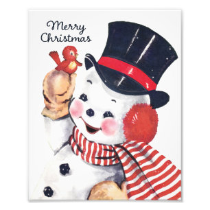 Cute Retro Snowman en Red Bird Wall Art Foto Afdruk