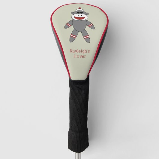 Cute Retro Sock Monkey op Tan met naam Golfheadcover (Voorkant)