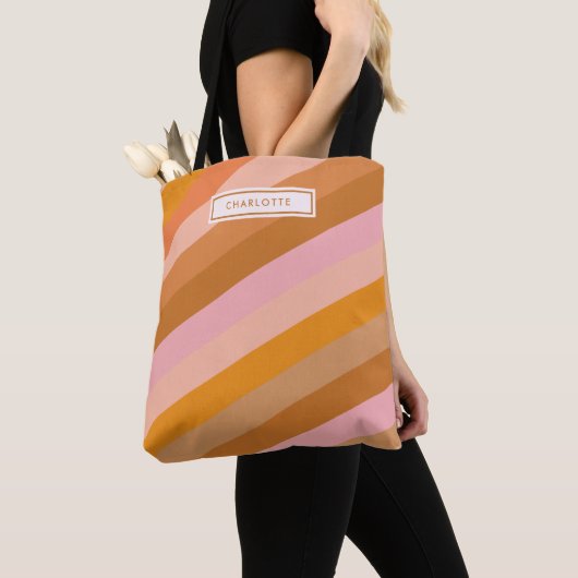 Cute Retro Stripes Pink Rust Persoonlijke naam Tote Bag (Dichtbij)