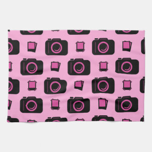 Cute Retro Style Roze Black Camera Patroon Theedoek