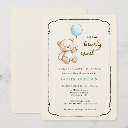 Cute Retro Teddy Bear, Boy Baby shower Kaart (Voorkant / Achterkant)