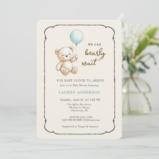 Cute Retro Teddy Bear, Boy Baby shower Kaart (Staand voorkant)