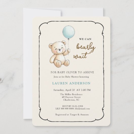 Cute Retro Teddy Bear, Boy Baby shower Kaart (Voorkant)