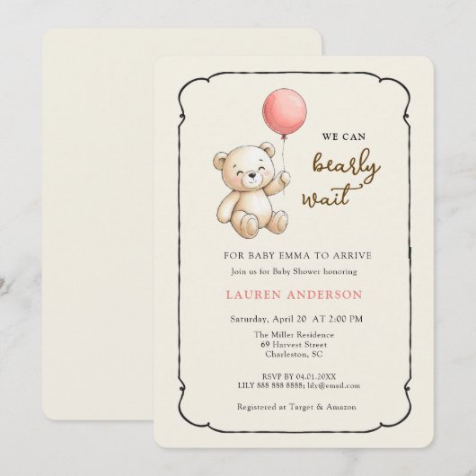 Cute Retro Teddy Bear, Girl Baby shower Kaart (Voorkant / Achterkant)