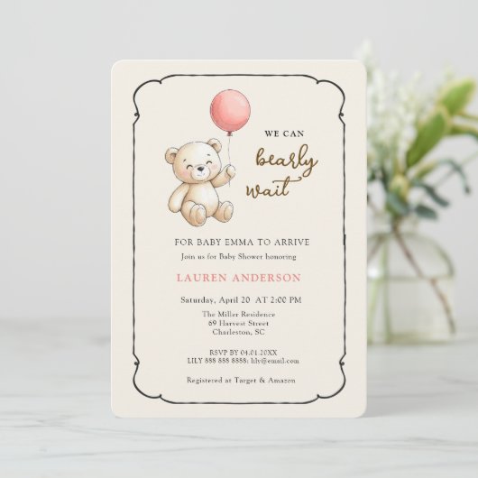 Cute Retro Teddy Bear, Girl Baby shower Kaart (Staand voorkant)