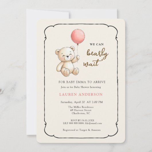 Cute Retro Teddy Bear, Girl Baby shower Kaart (Voorkant)