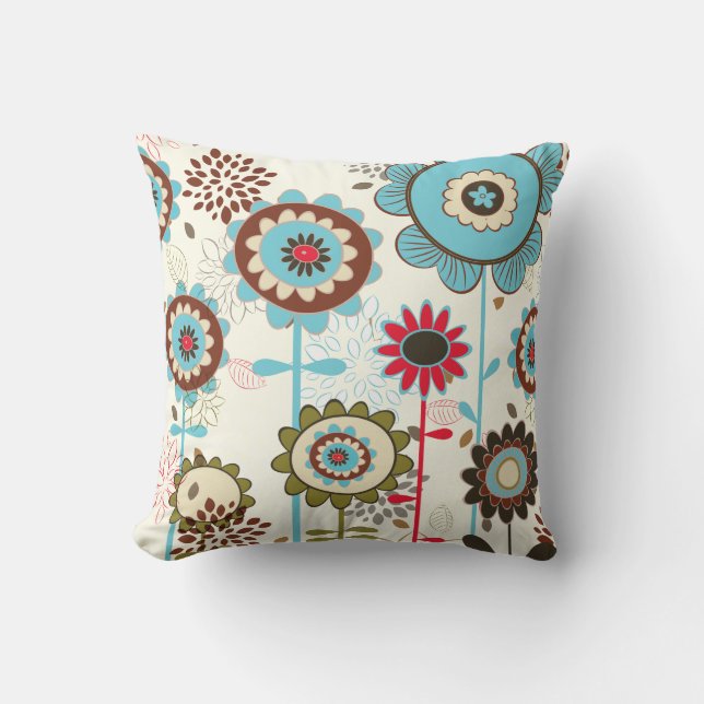 Cute retro turquoise blue floral Patroon douane Kussen (Voorkant)