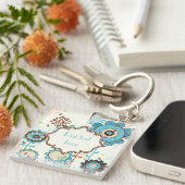 Cute retro turquoise blue floral Patroon douane Sleutelhanger (Voorkant Rechts)