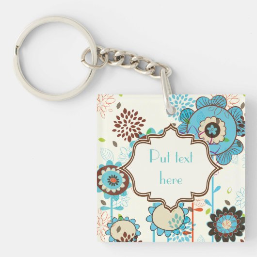 Cute retro turquoise blue floral Patroon douane Sleutelhanger (voorkant)