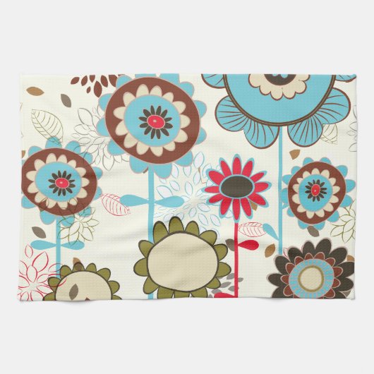 Cute retro turquoise blue floral Patroon douane Theedoek (Horizontaal)
