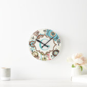 Cute retro turquoise blue floral Patroonmonogram Ronde Klok (Huis)