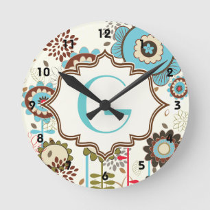Cute retro turquoise blue floral Patroonmonogram Ronde Klok