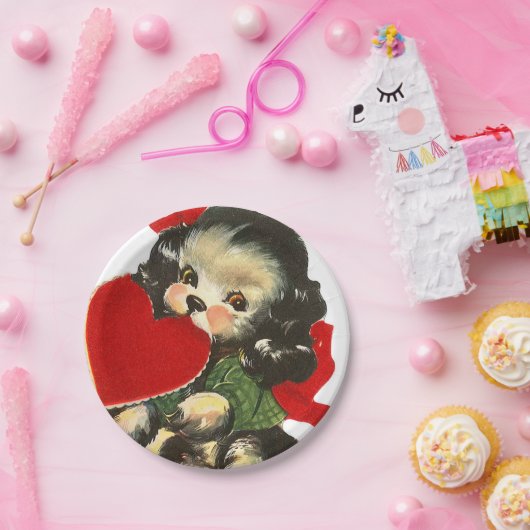 Cute retro Valentijn puppy party Papieren Bordje (Feest)
