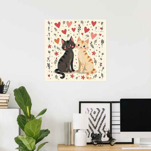 Cute Retro Valentine Cats Poster (Thuiskantoor)