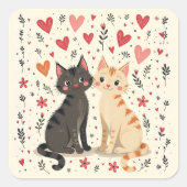 Cute Retro Valentine Cats Vierkante Sticker (Voorkant)