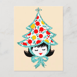 Cute Retro Vintage Christmas Girl with Tree Hat Feestdagenkaart