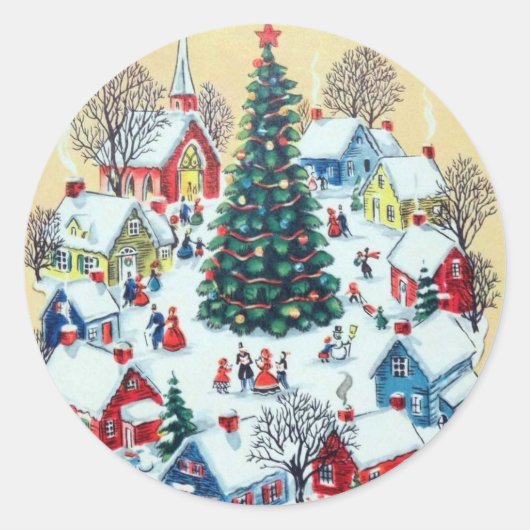 Cute Retro Vintage-kerstdorp Ronde Sticker (Voorkant)