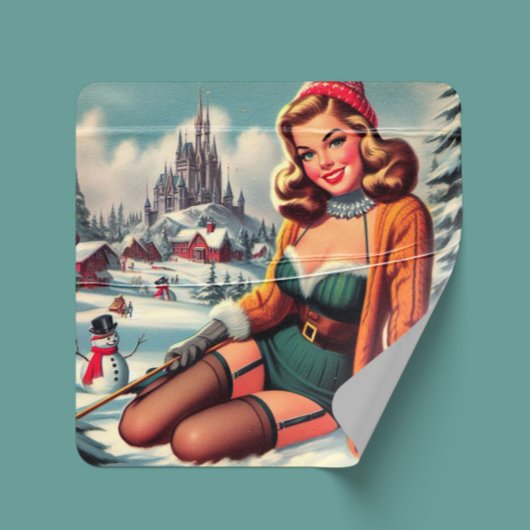 Cute Retro Winter Pin-up Vierkante Sticker