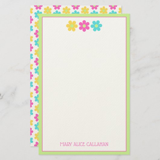 Cute Retro Yellow Pink Blue Daisies Briefpapier (Voorkant / Achterkant)