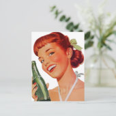 Cute Retro Young Woman with Pop Bottle Briefkaart (Staand voorkant)