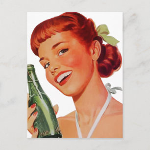 Cute Retro Young Woman with Pop Bottle Briefkaart