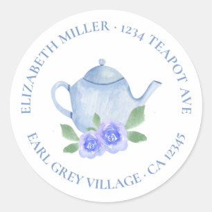 Cute Return Address Waterverf Blue Teapot Ronde Sticker