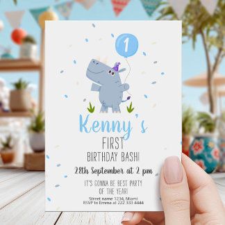 Cute Rhino First Birthday Party Card Kaart