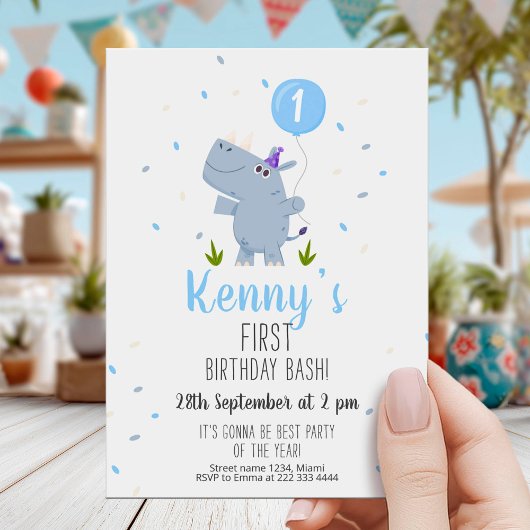 Cute Rhino First Birthday Party Card Kaart