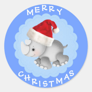 Cute Rhino in Santa Hat Blue Kerst stickers
