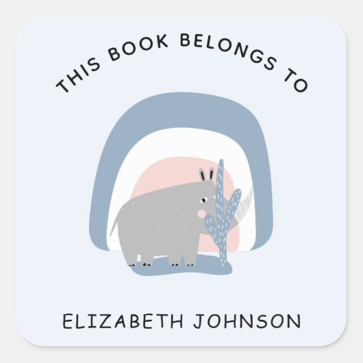 Cute Rhino Rainbow Illustration Kind Name Bookplat Vierkante Sticker (Voorkant)