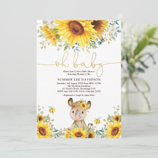 Cute Rhino Sunflower Honey Bee Baby shower Kaart (Staand voorkant)